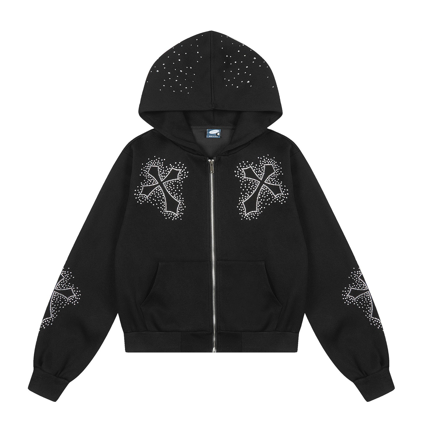 Eprolo zip-up hoodie with cross-patterned design and gemstone embellishments, featuring a comfortable fit and stylish look.