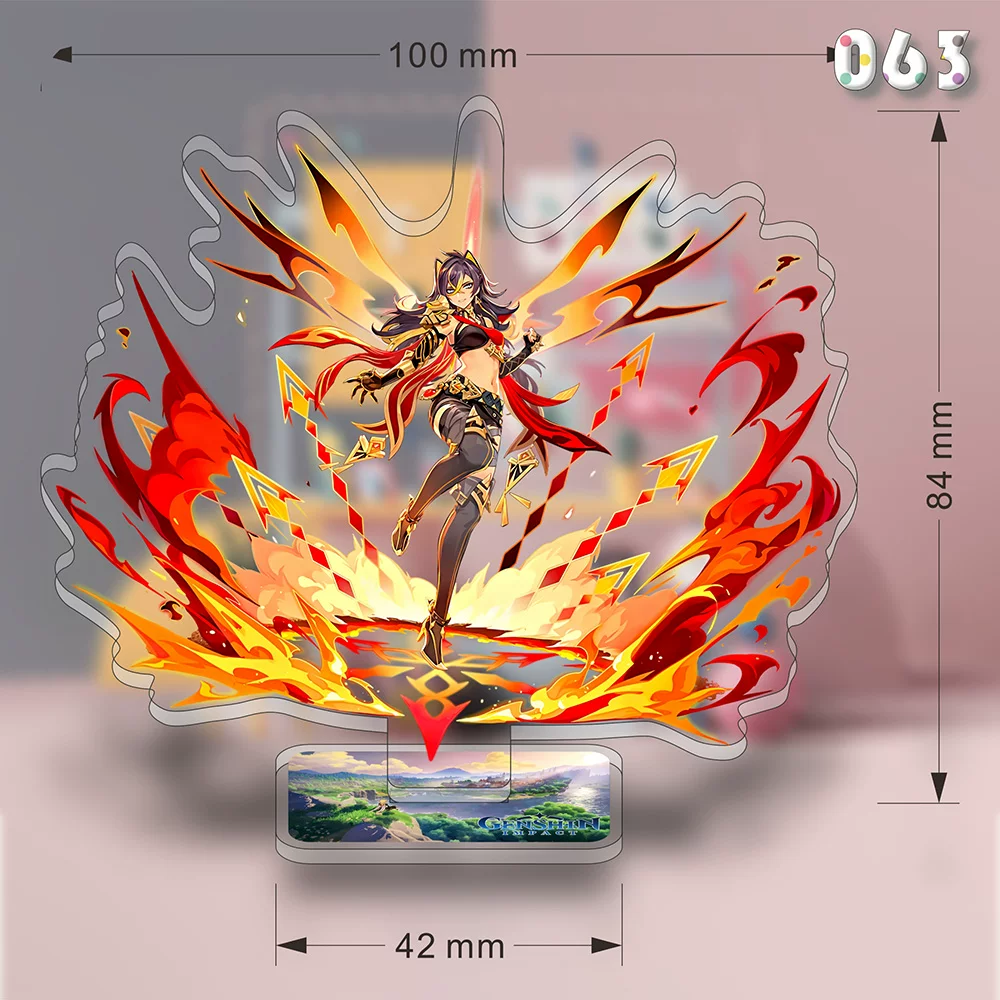 Acrylic Dehya stand from Genshin Impact by Shadora, featuring detailed character design on a clear display stand.