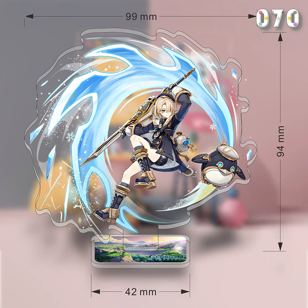 Acrylic Freminet stand from Genshin Impact by Shadora, featuring detailed character design on a clear display stand.