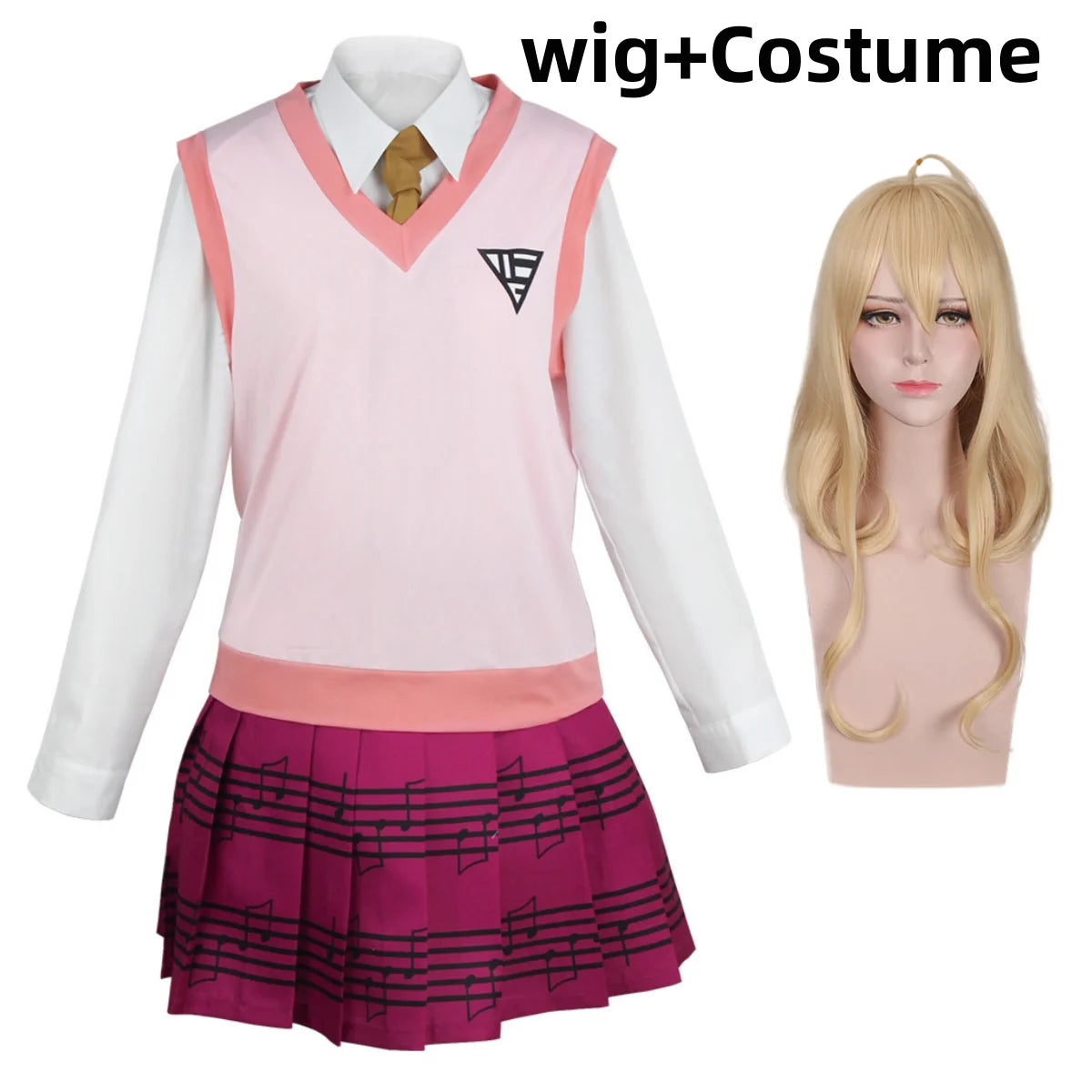 Kaede Akamatsu cosplay costume with wig from Danganronpa, featuring detailed school uniform and styled pink hair.
