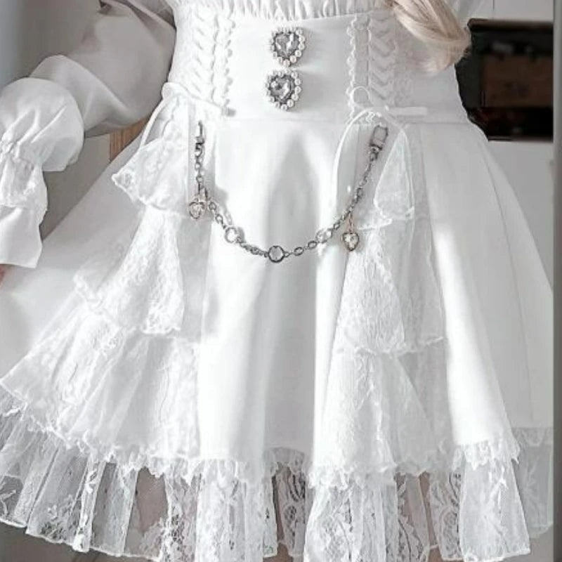 Eprolo Japon Gotik mini skirt with lace and gemstone details, Y2K Lolita style, kawaii short skirt featuring gothic fashion elements.