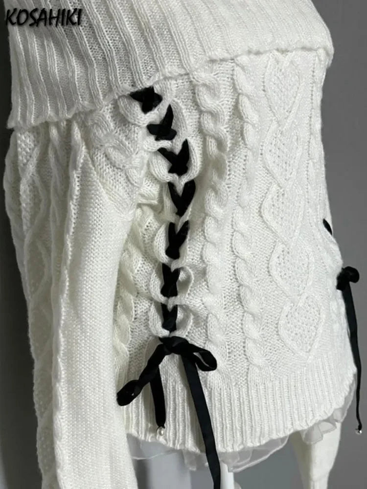 White kawaii shoulder-open sweater by eprolo featuring a cozy, stylish design with delicate shoulder cutouts and soft knit fabric.