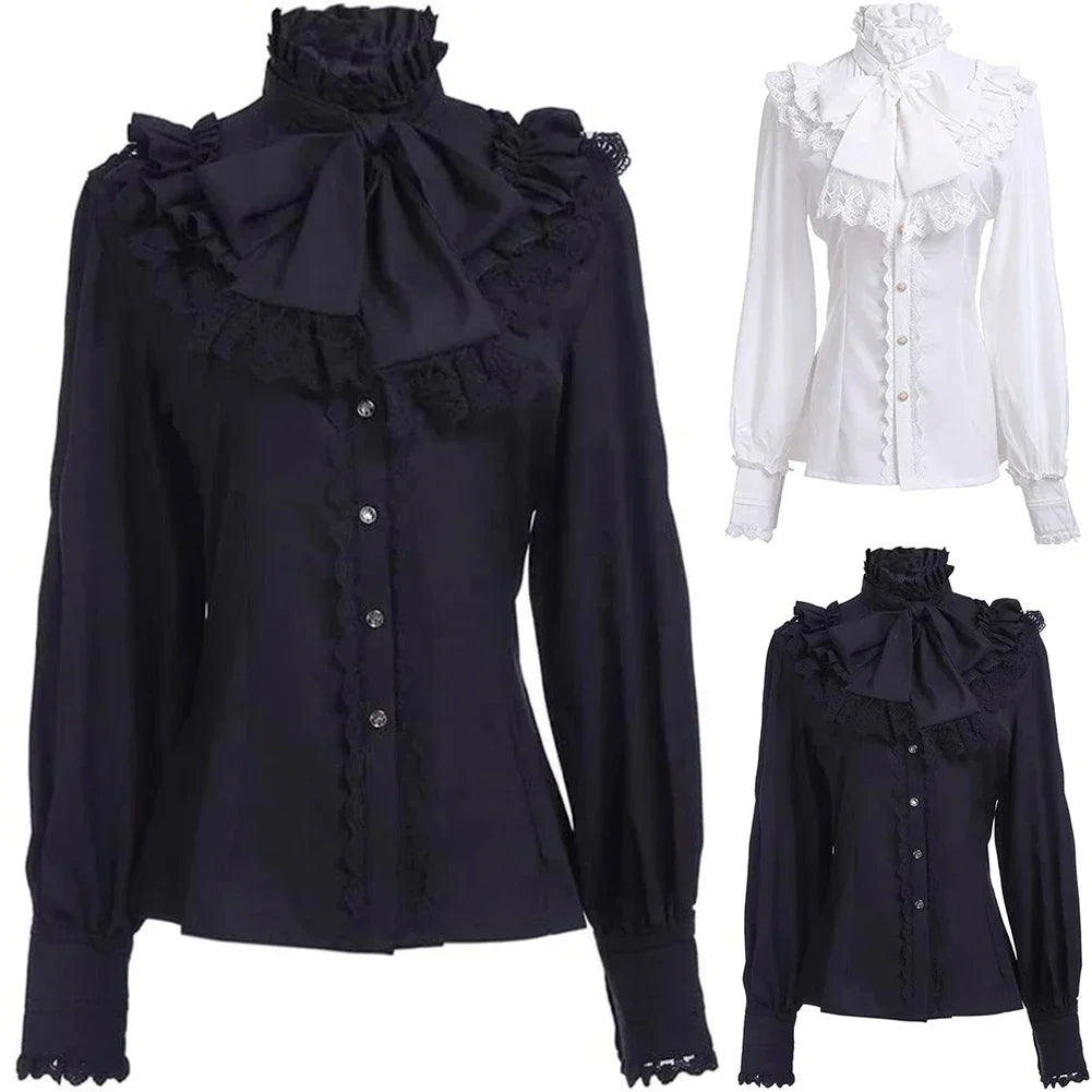 Victorian Lolita blouse by eprolo, long sleeve slim fit vintage top with lotus ruffles and intricate detailing.