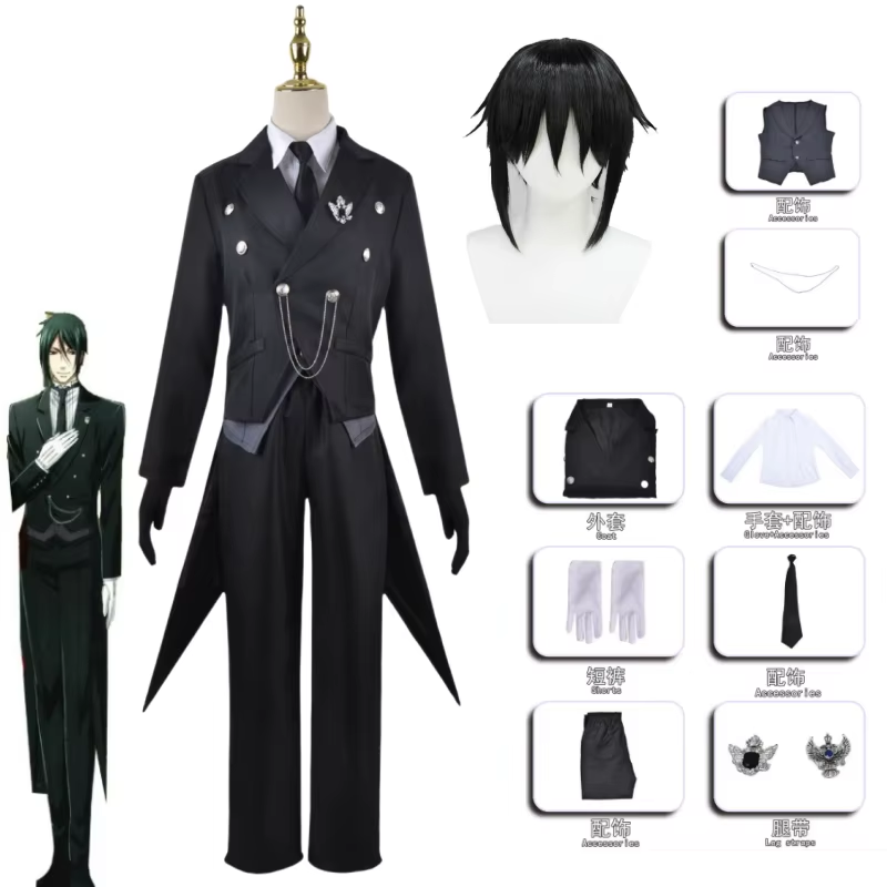 Sebastian cosplay with wig from Kuroshitsuji, featuring detailed black costume and styled hair, by Shadora.