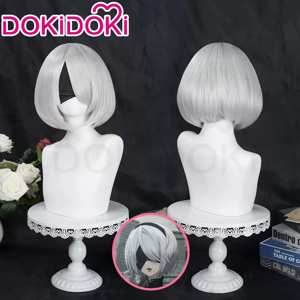 Shadora 2B Cosplay wig with black and white layered hairstyle, styled for 2B character costume, detailed and realistic.