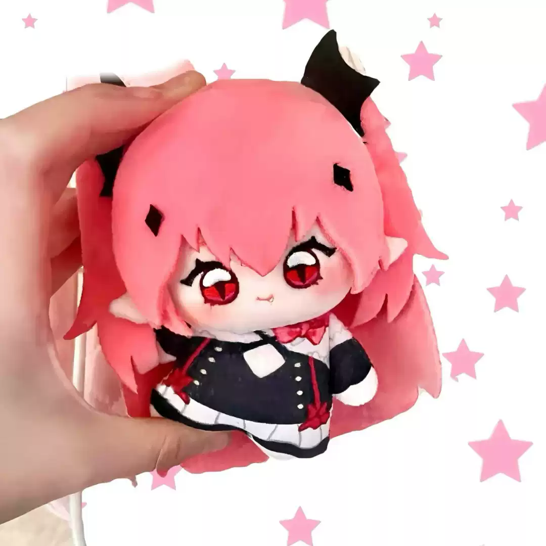 Shadora Krul Tepes plush toy featuring detailed vampire character with red eyes and dark outfit, soft and cuddly appearance.