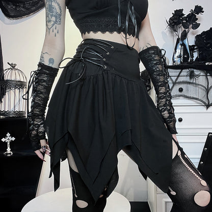 High-waisted flared mini skirt by eprolo featuring ruffled hem and stylish design, shown in a close-up view.