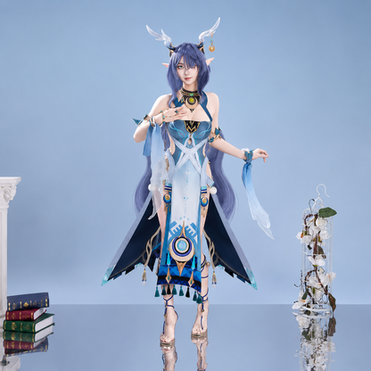 Shadora Lauma Cosplay Genshin Impact character with detailed costume and wig, showcasing vibrant colors and intricate design details.