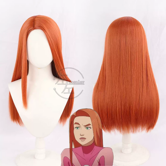 Shadora Samantha Eve Invincible cosplay with wig, featuring detailed costume and vibrant red hair styled for character accuracy.