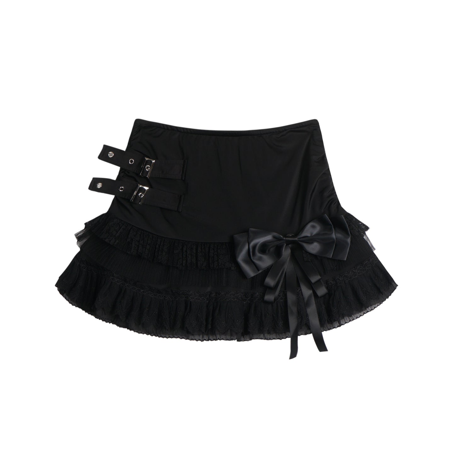 Eprolo low-rise bow mini skirt in black fabric, stylish and fitted, shown on a model.