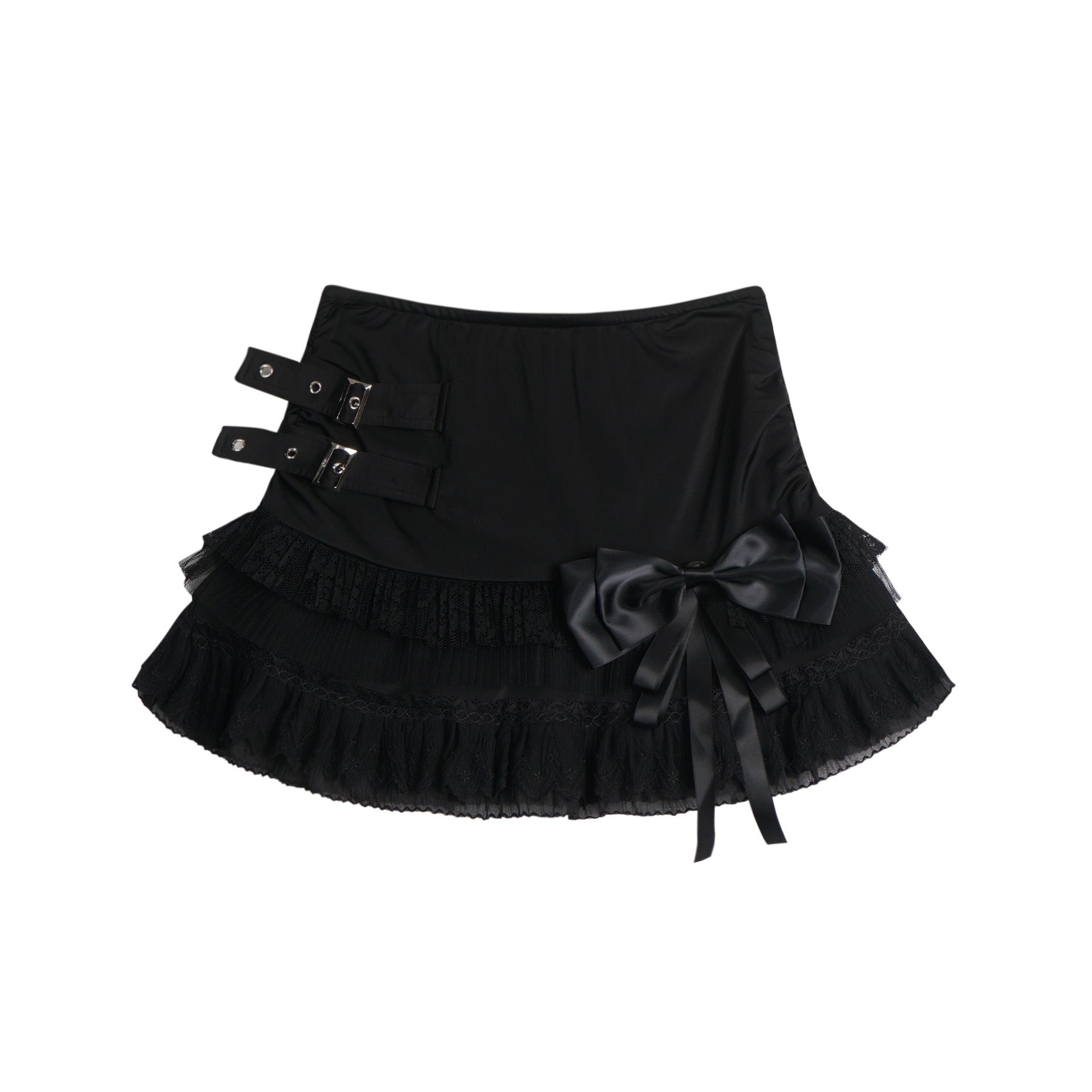 Eprolo low-rise bow mini skirt in black fabric, stylish and fitted, shown on a model.