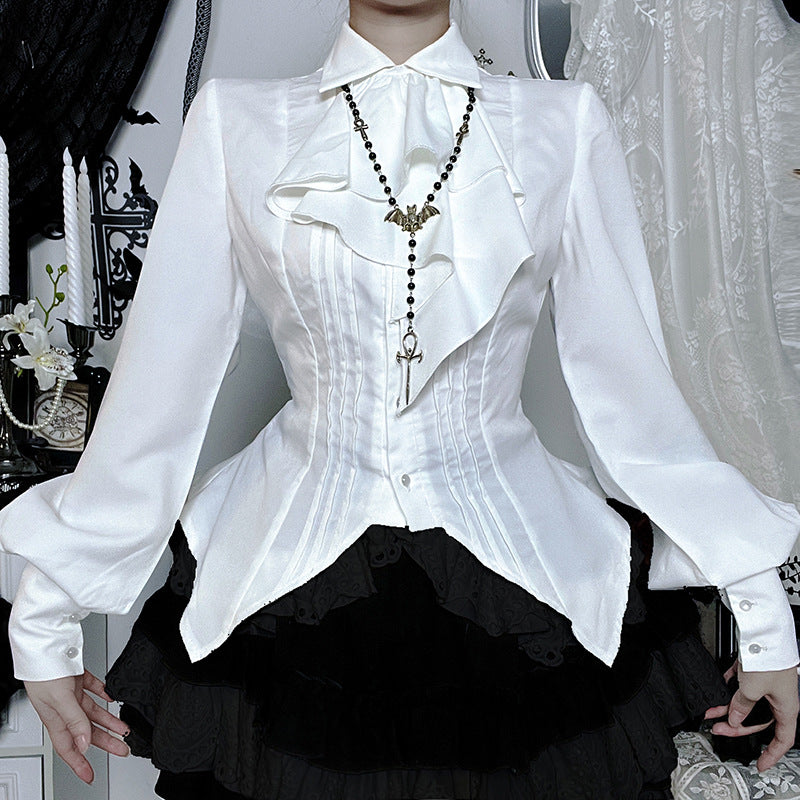 Eprolo Lolita Gothic white blouse with lace details, long sleeves, and Victorian-inspired design, perfect for alternative fashion styles.