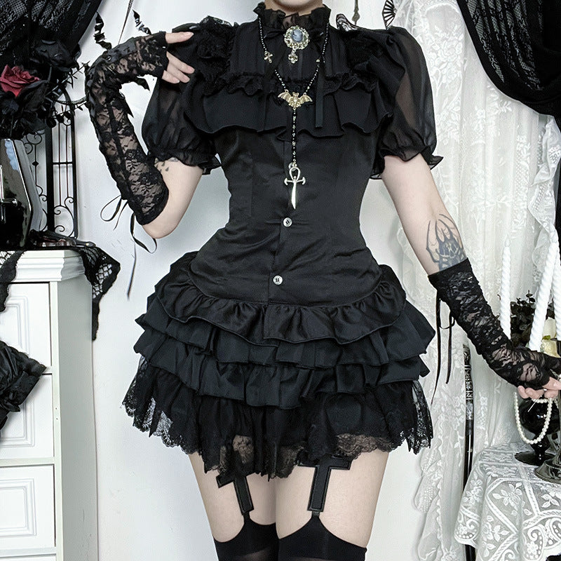 Black lace detail gothic chic blouse by eprolo, featuring elegant lace accents and a stylish, sophisticated design.