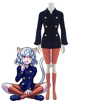 Neferpitou cosplay with wig from Hunter x Hunter, featuring detailed costume and vibrant orange hair styled for character accuracy.