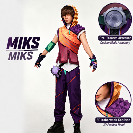 Shadora Miks Cosplay Valorant character costume with matching wig, featuring detailed armor and vibrant colors.