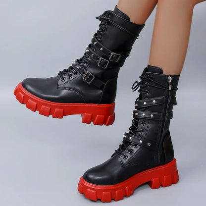 Deri Platform Bağcıklı Punk Gotik Bot