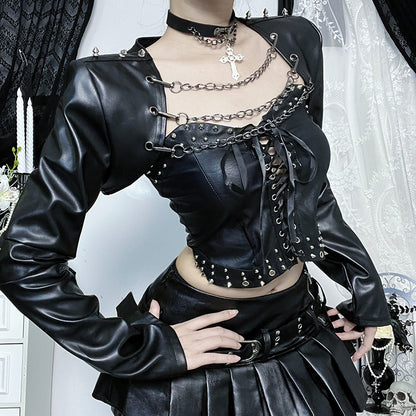 Black leather jacket with chain details, stylish and modern, featuring a sleek design by eprolo.