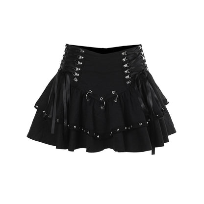 Eprolo Metalik Punk Mini Etek with metallic finish and edgy style, shown on a mannequin.