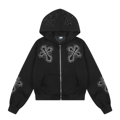 Eprolo zip-up hoodie with cross-patterned design and gemstone embellishments, featuring a comfortable fit and stylish look.
