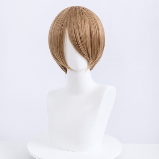 Golden Satonaka Chie cosplay costume with matching peruk from Persona 4, featuring a vibrant yellow jacket and short hair wig.