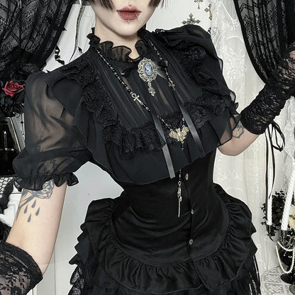 Black lace detailed gothic blouse from eprolo featuring elegant design and intricate lace accents.