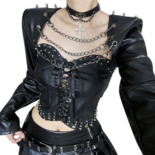 Black leather jacket with chain details from eprolo, featuring stylish metal chain accents on the shoulders and sleeves.
