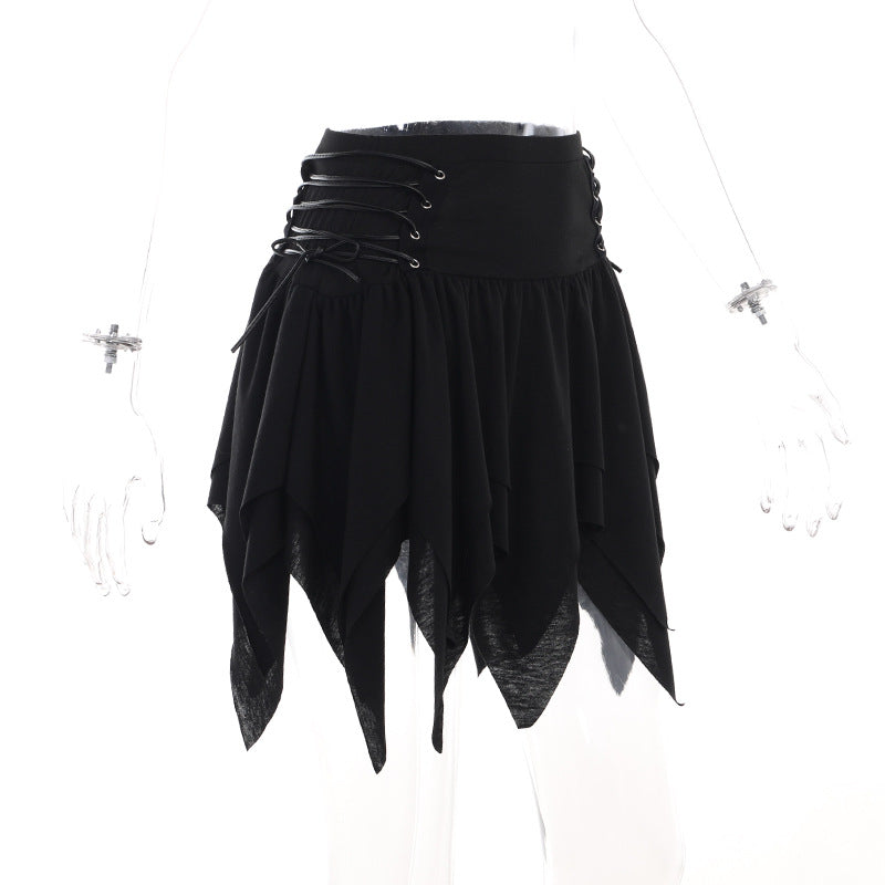 High-waisted ruffled mini skirt by eprolo, showcasing a stylish design with a trendy, flared hem and textured fabric.