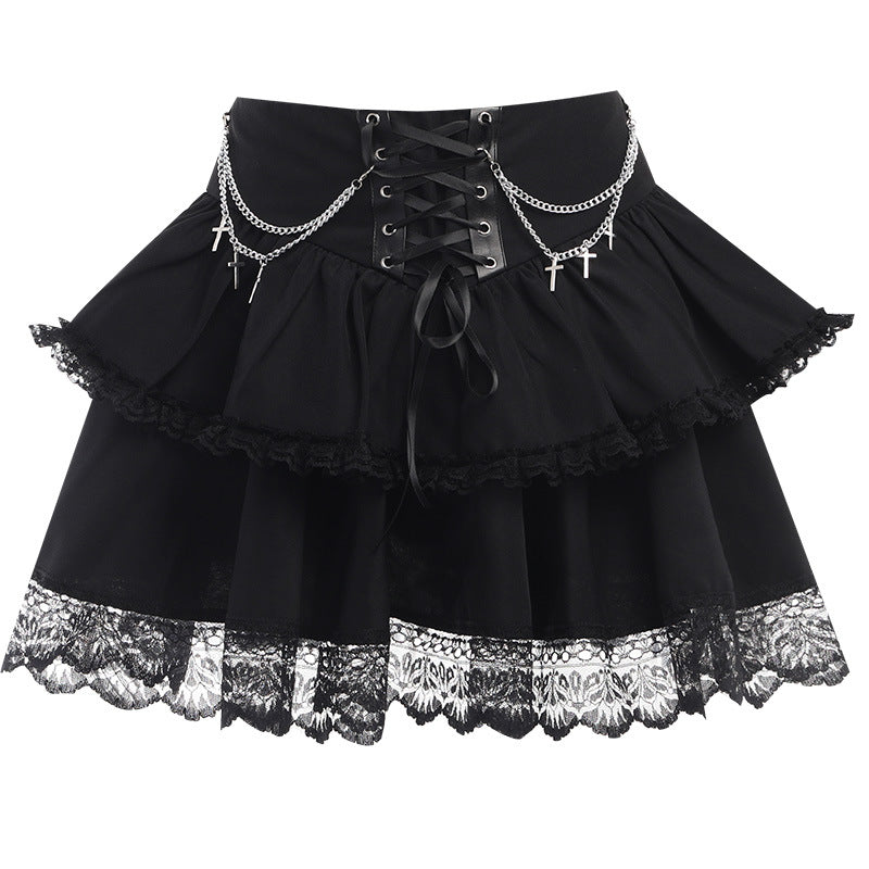 Layered Gothic skirt with zinc chain detailing from eprolo, featuring dark fabric and edgy, layered design.
