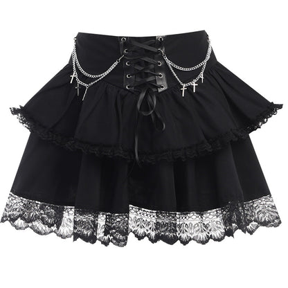 Layered Gothic skirt with zinc chain detailing from eprolo, featuring dark fabric and edgy, layered design.