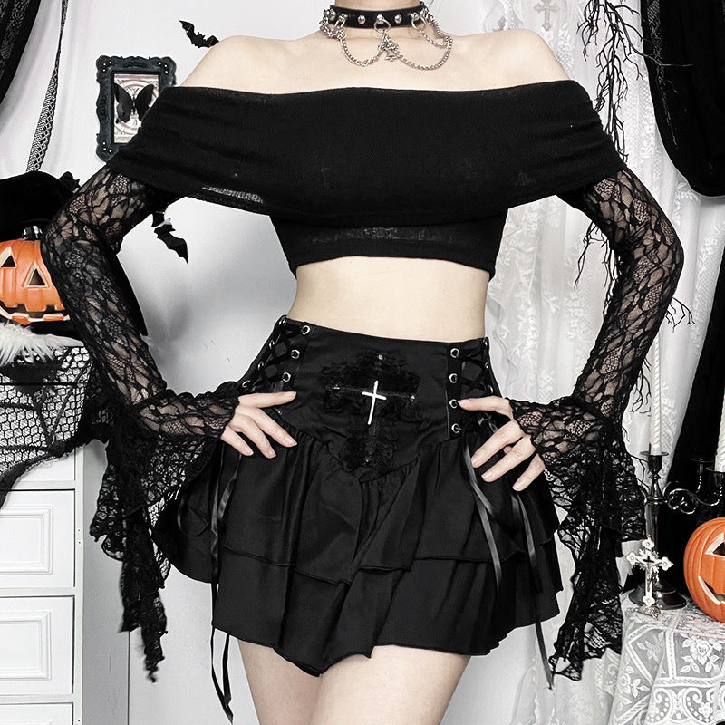 Eprolo off-shoulder top with lace details, featuring a stylish open shoulder design and delicate fabric texture.