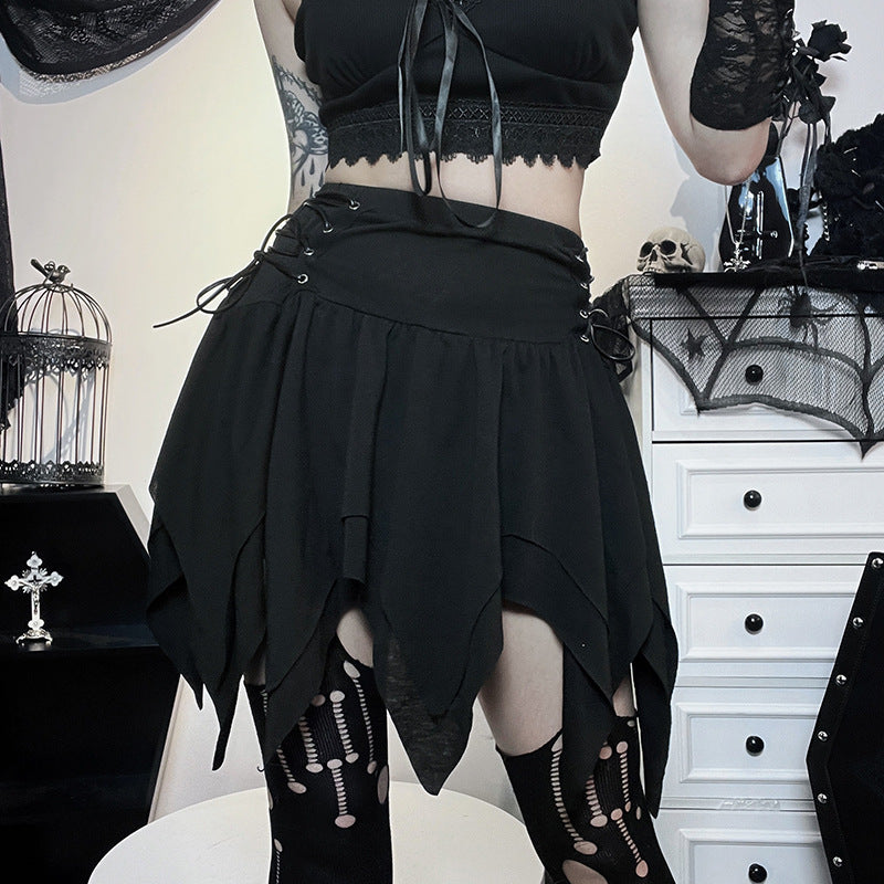 Eprolo high-waisted flared mini skirt with ruffle details, shown in a stylish black fabric on a model.