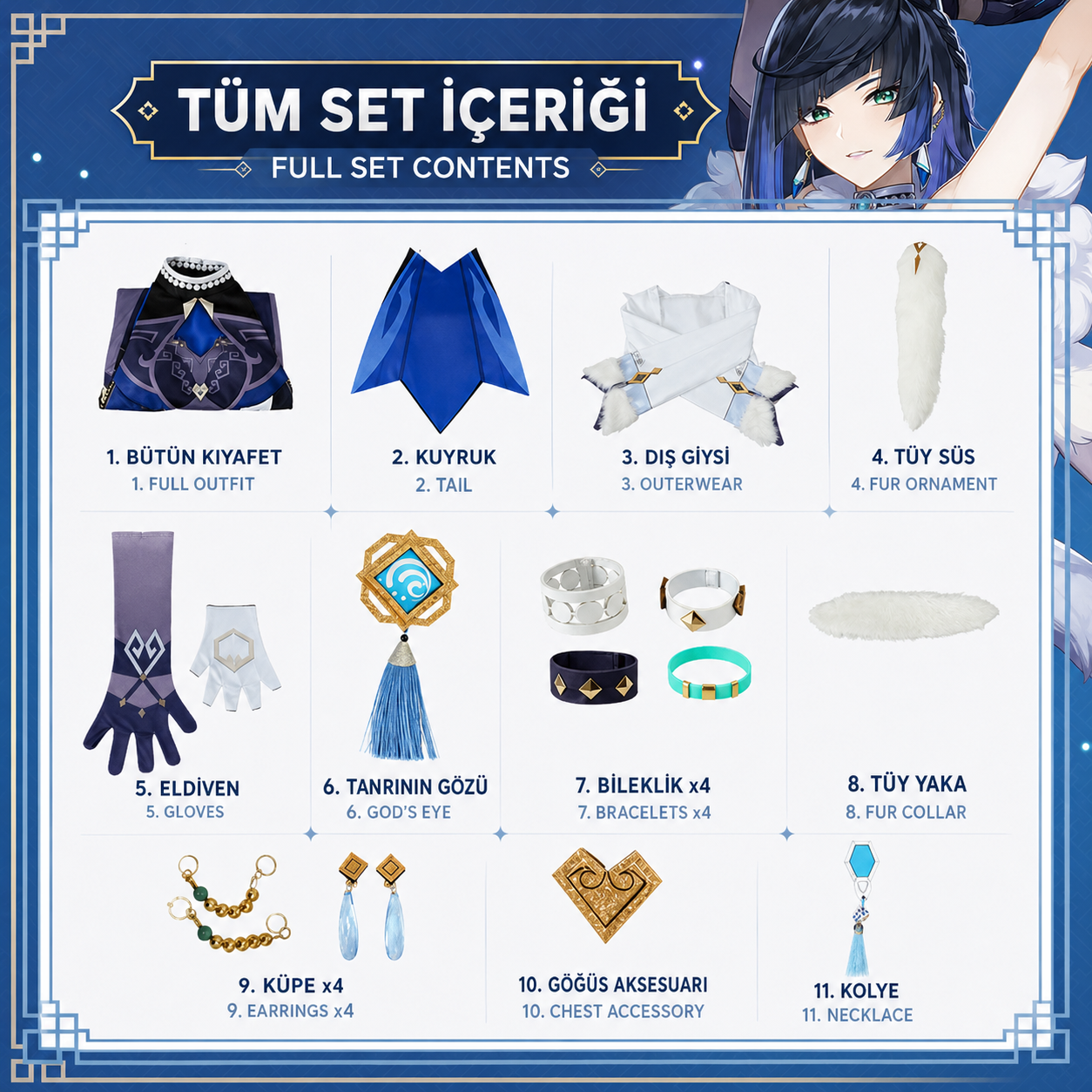 Yelan cosplay and wig from Genshin Impact by Shadora, featuring detailed costume and long blue wig with intricate styling.