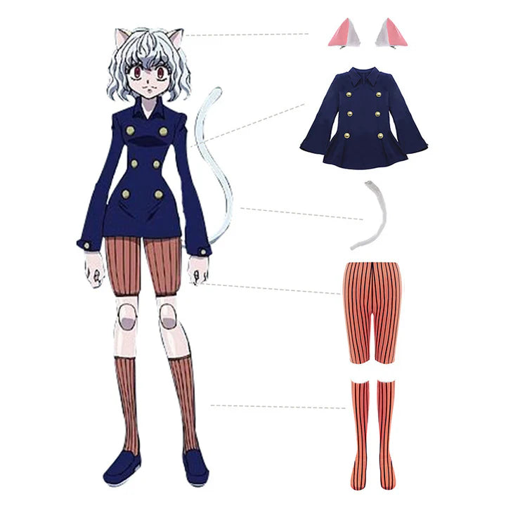 Neferpitou cosplay costume with wig from Hunter x Hunter, featuring detailed cat-like features and vibrant orange hair.