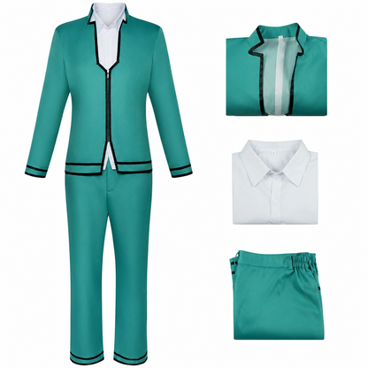 Cosplay of Saiki K. okul üniforması with matching peruk from Shadora, featuring a school blazer, shirt, and accessories.