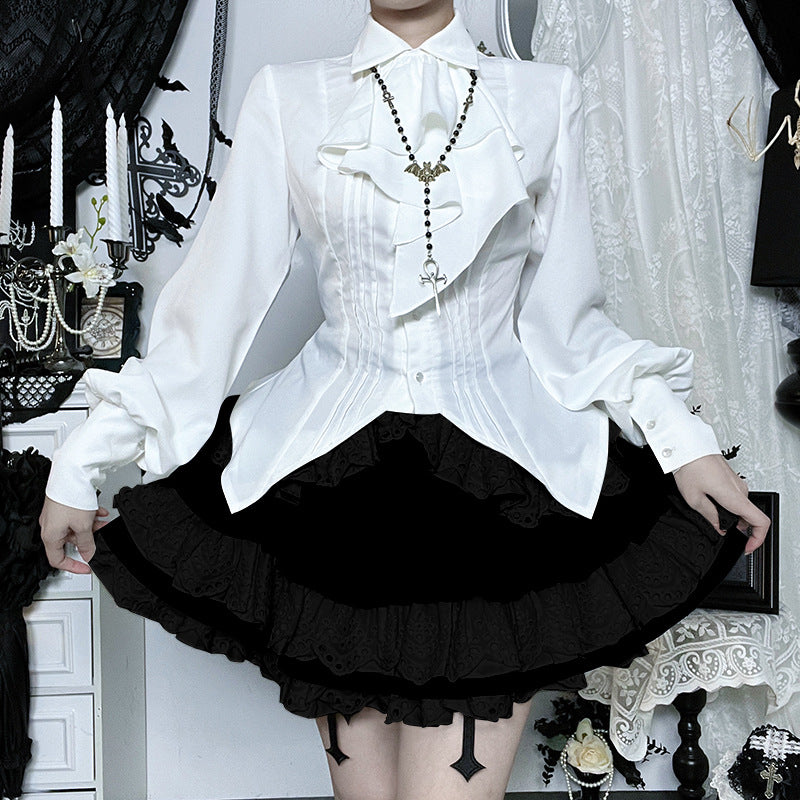 Eprolo Lolita Gothic model white shirt with lace and ruffled details, long sleeves, and button closure, stylish and elegant.