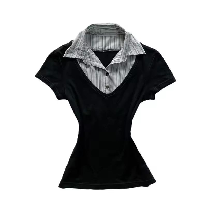 Eprolo Kore Stil çizgili kadın gömlek with long sleeves and classic collar, featuring black and white vertical stripes.