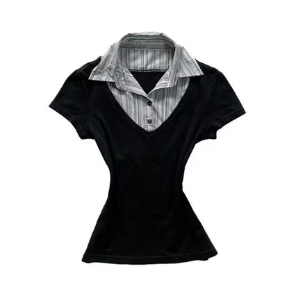 Eprolo Kore Stil çizgili kadın gömlek with long sleeves and classic collar, featuring black and white vertical stripes.