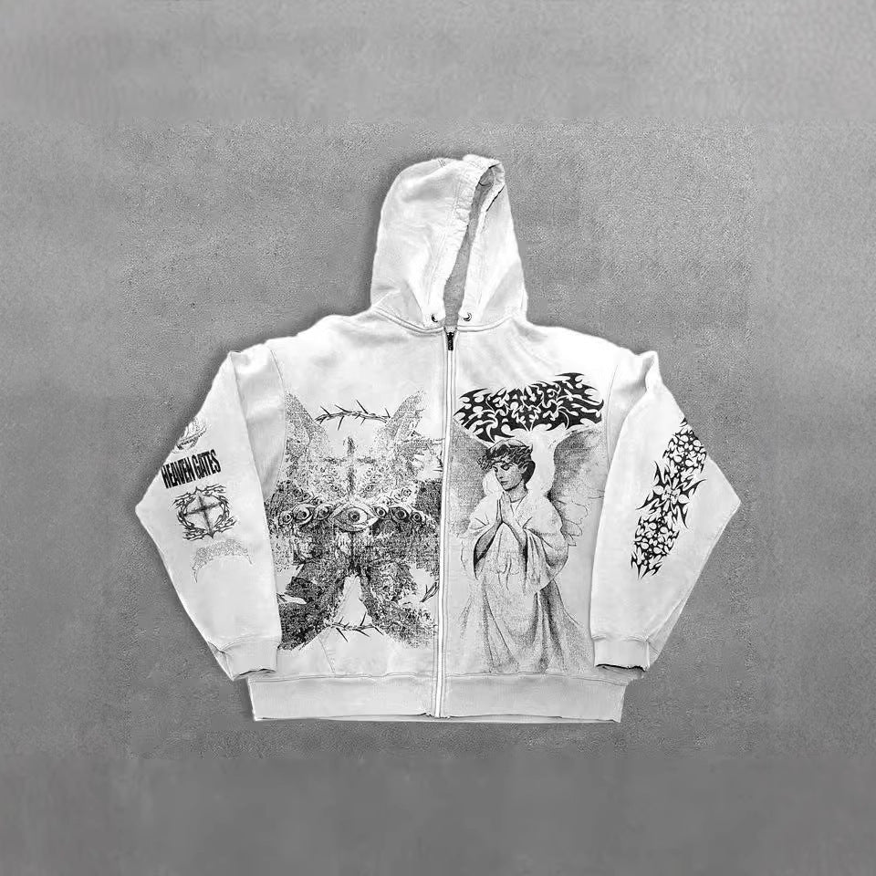 Eprolo Melek Baskılı Oversize Kapüşonlu Zipper hoodie with angel print, featuring a large front pocket and adjustable hood.