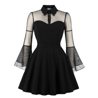 Eprolo black transparent mini dress displayed on a hanger, showcasing its sleek, fitted silhouette and sheer fabric details.