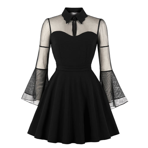 Eprolo black transparent mini dress displayed on a hanger, showcasing its sleek, fitted silhouette and sheer fabric details.