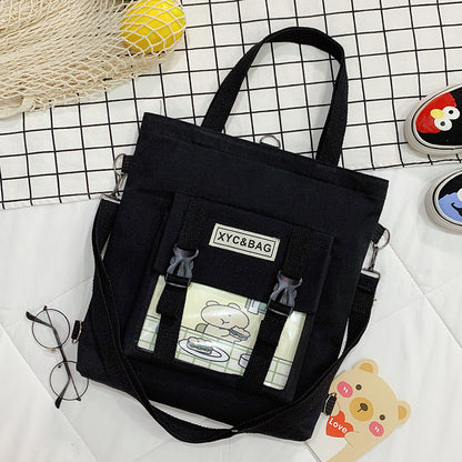 Transparent canvas shoulder bag with printed design from eprolo, featuring a spacious interior and durable fabric.