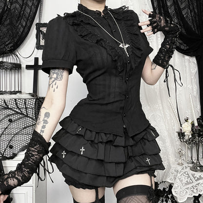 Black gothic Lolita-style cropped shirt by eprolo featuring lace details and a fitted design, displayed on a mannequin.