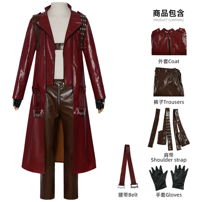 Dante cosplay costume and wig from Devil May Cry by Shadora, featuring detailed leather jacket and styled white hair wig.