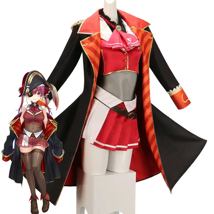 Houshou Marine cosplay costume with red and black outfit and matching wig, designed by Shadora for anime cosplay enthusiasts.