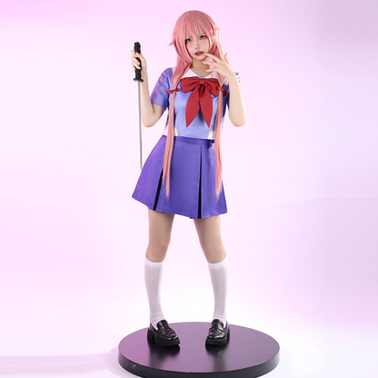 Gasai Yuno cosplay with pink hair wig from Mirai Nikki, featuring detailed costume and accessories by Shadora.