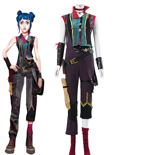 Shadora Jinx Cosplay powder and wig from Arcane featuring vibrant blue hair and detailed costume elements.