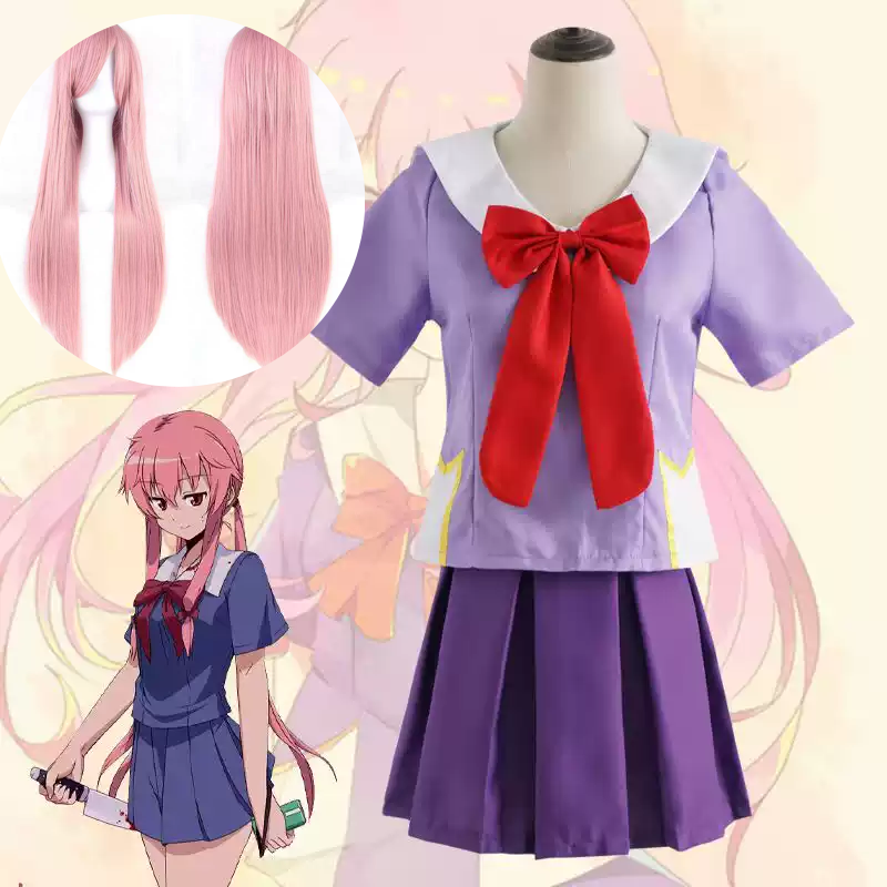 Gasai Yuno cosplay with pink wig from Mirai Nikki, featuring her signature outfit and accessories, styled for a high-quality costume look.