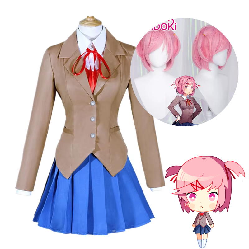 Shadora Doki Doki Literature Club cosplay featuring Natsuki, Yuri, Sayori, and Monika with wigs, detailed costumes and accessories.