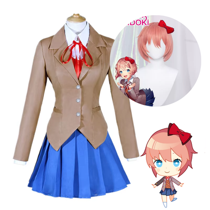 Shadora Doki Doki Literature Club cosplay featuring Natsuki, Yuri, Sayori, and Monika characters with wigs and costumes.