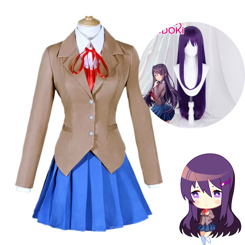 Shadora Doki Doki Literature Club cosplay featuring Natsuki, Yuri, Sayori, and Monika with wigs, detailed costumes and accessories.